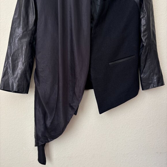 Leather Accented Satin Draped Mixed Media Modern Jacket - Picture 3 of 11